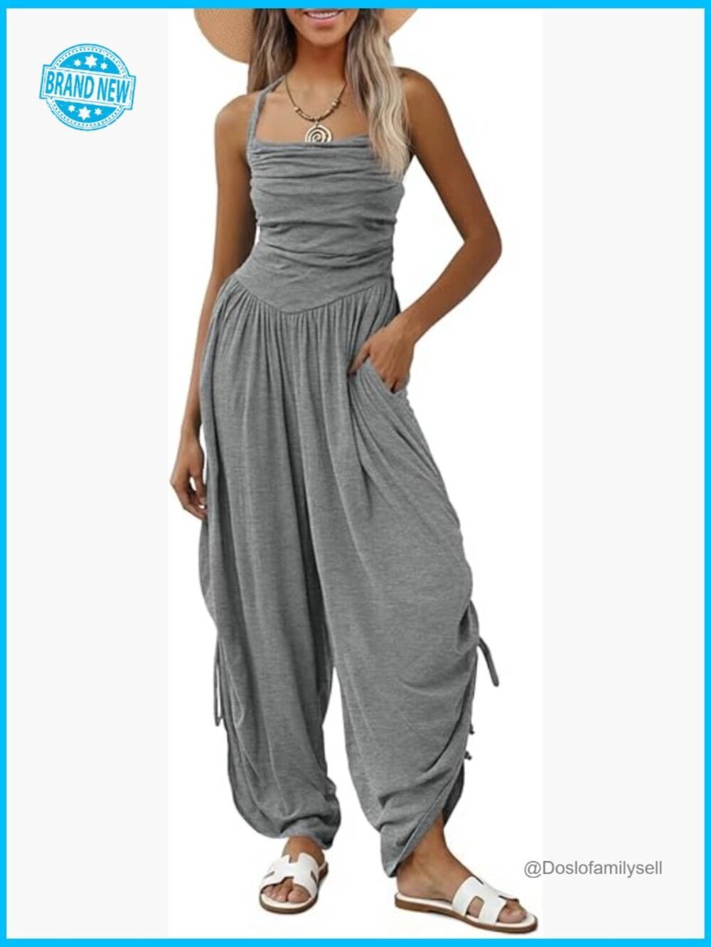 Halter Square Neck Jumpsuit Wide Leg Sleeveless Barrel Romper Side-Cinch